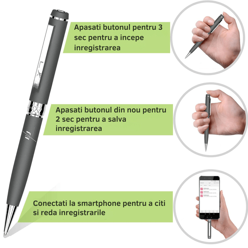 Laptop, Telefoane si Tablete - Wearables si gadgeturi - Gadgeturi - Dispozitive spionaj - Pix cu microfon ascuns, autonomie 10 ore, MP3 Player, 32GB, gri - D3191 - Infinity.ro