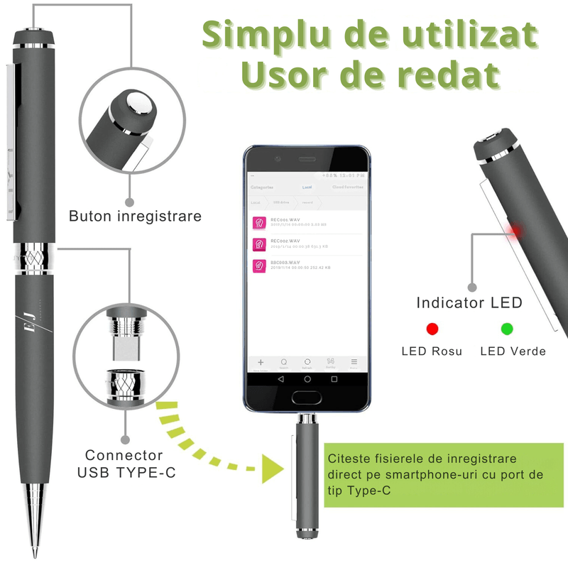 Laptop, Telefoane si Tablete - Wearables si gadgeturi - Gadgeturi - Dispozitive spionaj - Pix cu microfon ascuns, autonomie 10 ore, MP3 Player, 32GB, gri - D3191 - Infinity.ro