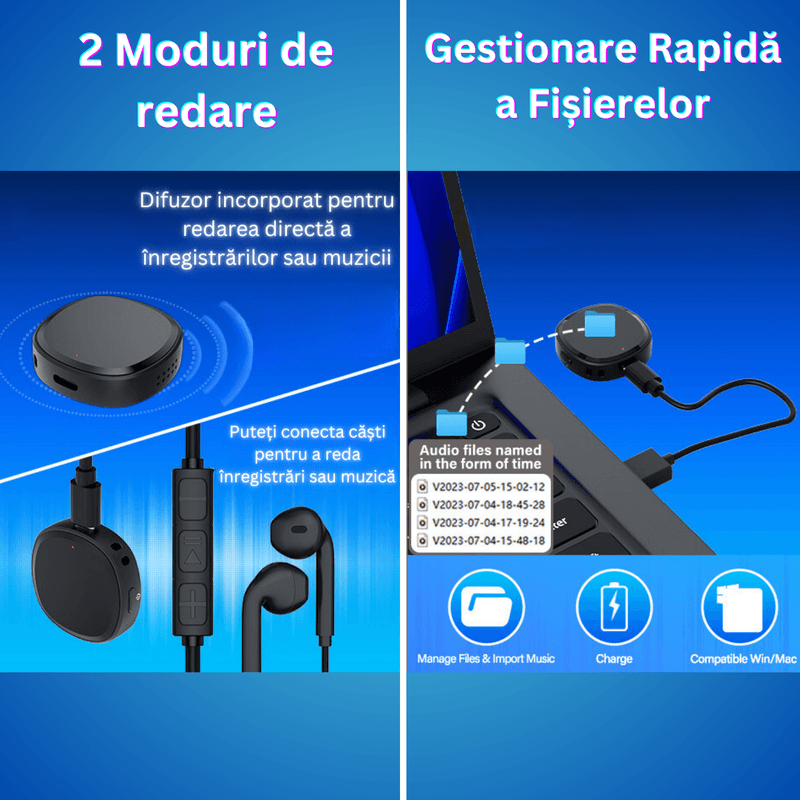 Laptop, Telefoane si Tablete - Wearables si gadgeturi - Gadgeturi - Dispozitive spionaj - Mini reportofon digital cu microfon ascuns magnetic, activare vocala, MP3 Player, 64GB - Z13 - Infinity.ro