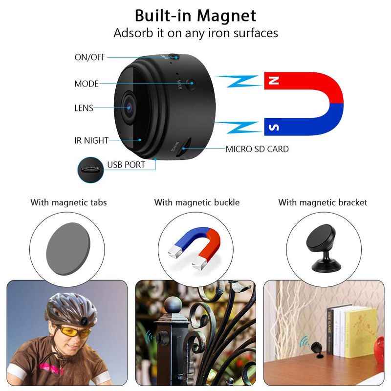 Laptop, Telefoane si Tablete - Wearables si gadgeturi - Gadgeturi - Dispozitive spionaj - Mini camera magnetica WiFi, Full HD, night vision, unghi 150° - A9 - Infinity.ro
