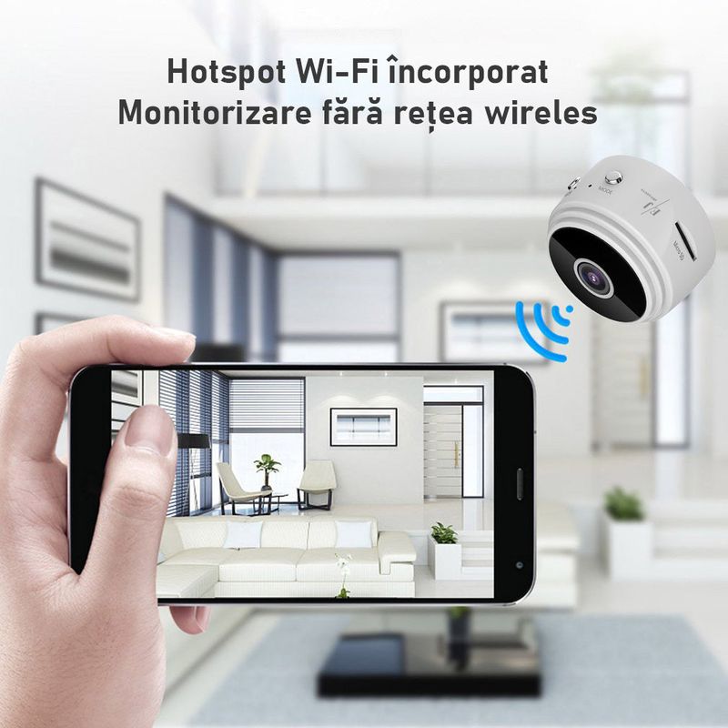 Laptop, Telefoane si Tablete - Wearables si gadgeturi - Gadgeturi - Dispozitive spionaj - Mini camera ascunsa WiFi, Full HD, night vision, unghi 150°, Alba - A9 - Infinity.ro