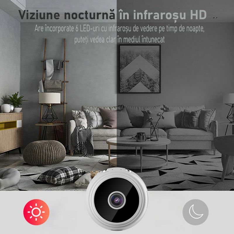 Laptop, Telefoane si Tablete - Wearables si gadgeturi - Gadgeturi - Dispozitive spionaj - Mini camera ascunsa WiFi, Full HD, night vision, unghi 150°, Alba - A9 - Infinity.ro