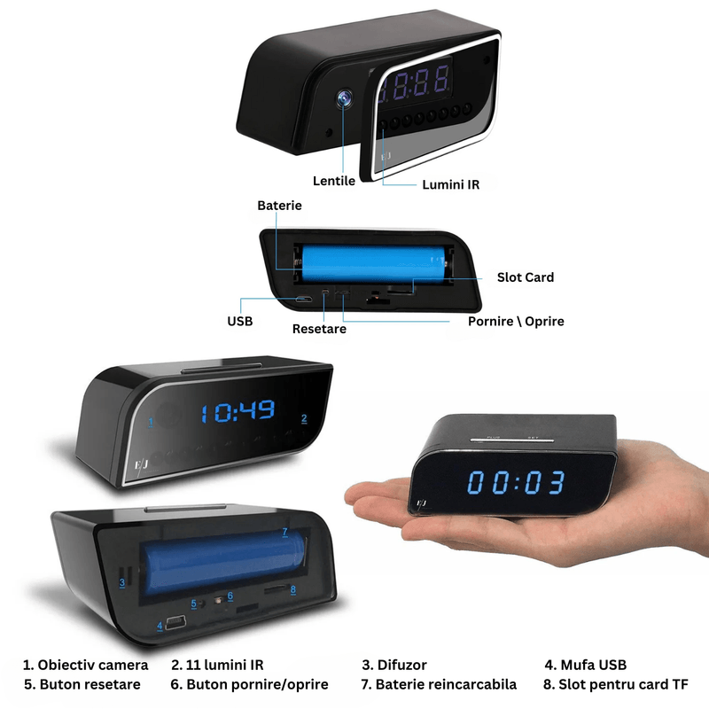 Laptop, Telefoane si Tablete - Wearables si gadgeturi - Gadgeturi - Dispozitive spionaj - Camera WI-FI ascunsa in ceas desteptator, 64 GB, infrarosu, 1080P, activare la miscare - Infinity.ro