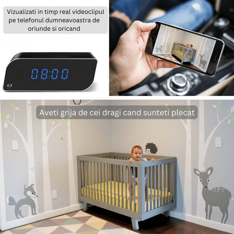 Laptop, Telefoane si Tablete - Wearables si gadgeturi - Gadgeturi - Dispozitive spionaj - Camera WI-FI ascunsa in ceas desteptator, 64 GB, infrarosu, 1080P, activare la miscare - Infinity.ro