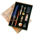 Carti si Birotica - Birotica - Instrumente de scris - Pixuri si stilouri - Set 2 stilouri retro, calimara, 5 de varfuri de penita, stampila, ceara colorata si alte accesorii, 13 piese, cutie - Infinity.ro