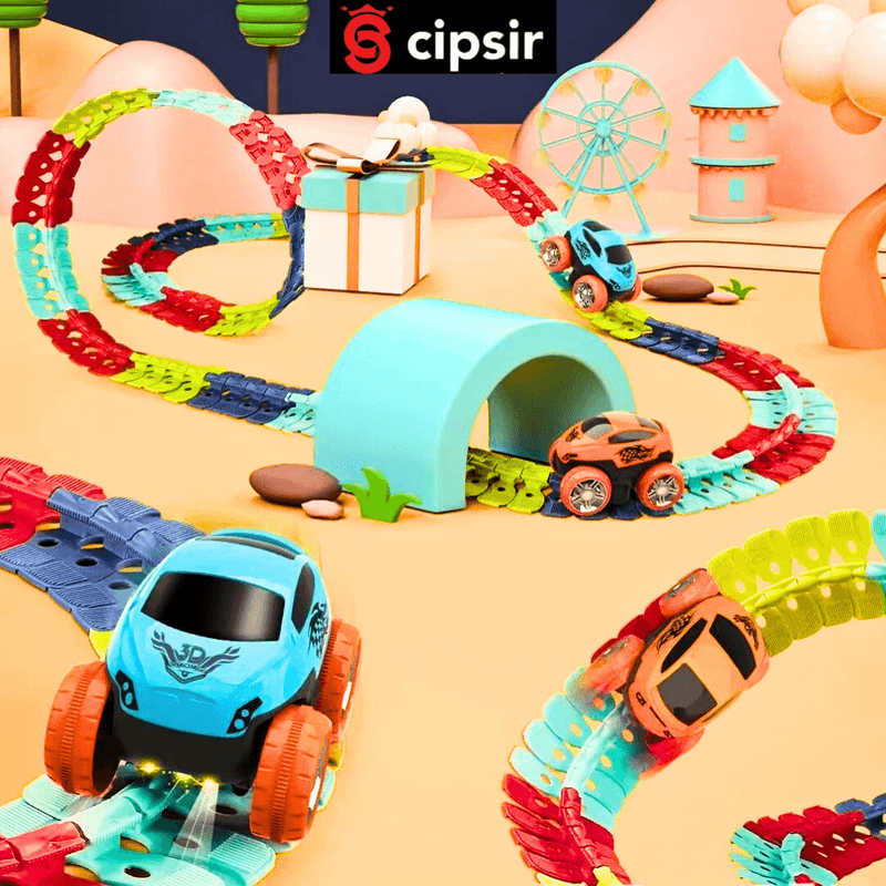 Jucarii, Copii si Bebe - Jucarii si jocuri - Vehicule si jucarii cu telecomanda - Masinute - Set de joaca, masinuta electrica cu lumini LED pe o pista flexibila, 184 piese pista, 2 caroserii - Infinity.ro