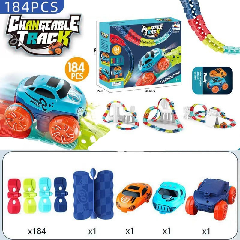 Jucarii, Copii si Bebe - Jucarii si jocuri - Vehicule si jucarii cu telecomanda - Masinute - Set de joaca, masinuta electrica cu lumini LED pe o pista flexibila, 184 piese pista, 2 caroserii - Infinity.ro