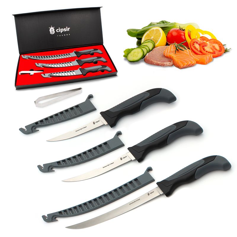 Casa si Gradina - Bucatarie si vesela - Vesela si tacamuri - Cutite si seturi de cutite - Set cutite de carne si peste, lama curbata, otel german rezistent la apa sarata, cu teaca, ascutitor si cutie - Infinity.ro