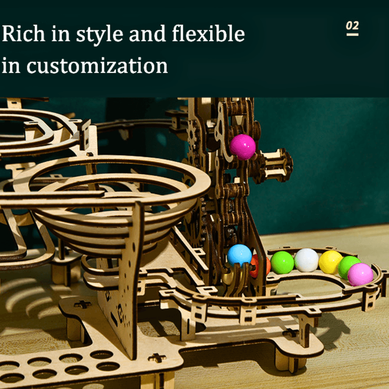 Jucarii, Copii si Bebe - Jucarii si jocuri - Seturi de constructie si cuburi - Seturi de constructie - Puzzle 3D mecanic din lemn laminat, constructie topogan distractiv cu blile colorate, 335 piese - Infinity.ro