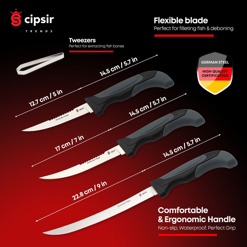 Casa si Gradina - Bucatarie si vesela - Vesela si tacamuri - Cutite si seturi de cutite - Set cutite de carne si peste, lama curbata, otel german rezistent la apa sarata, cu teaca, ascutitor si cutie - Infinity.ro