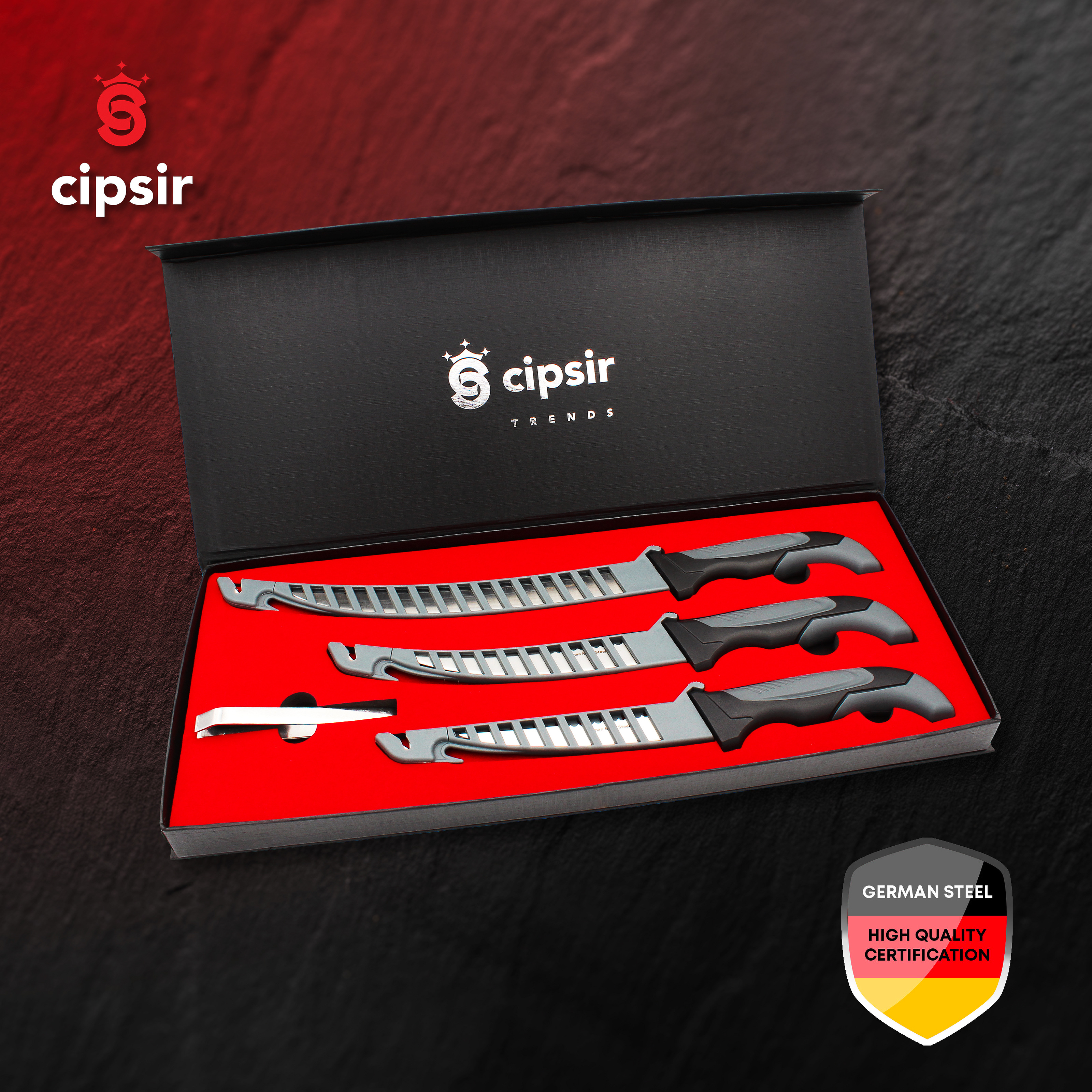 Set cutite de carne si peste, lama curbata, otel german rezistent la apa sarata, cu teaca, ascutitor si cutie