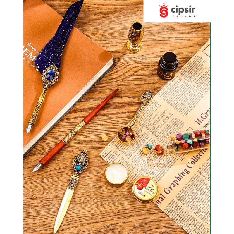 Carti si Birotica - Birotica - Instrumente de scris - Pixuri si stilouri - Set 2 stilouri retro, calimara, 5 de varfuri de penita, stampila, ceara colorata si alte accesorii, 13 piese, cutie - Infinity.ro