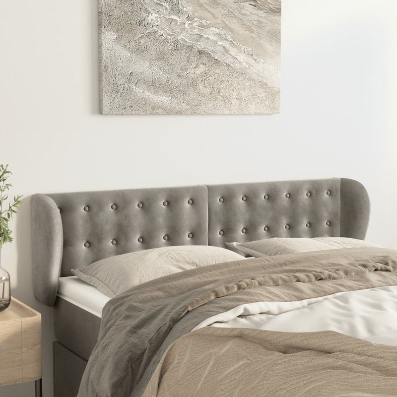 Casa si Gradina - Mobilier - Paturi si accesorii - Accesorii paturi - Tablie de pat cu aripioare gri deschis 147x23x78/88 cm catifea - Infinity.ro