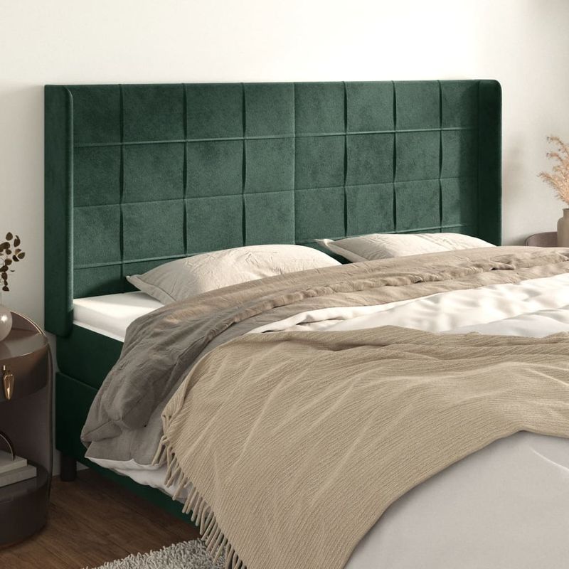 Casa si Gradina - Mobilier - Paturi si accesorii - Accesorii paturi - Tablie pat cu aripioare verde inchis 203x16x118/128 cm catifea - Infinity.ro