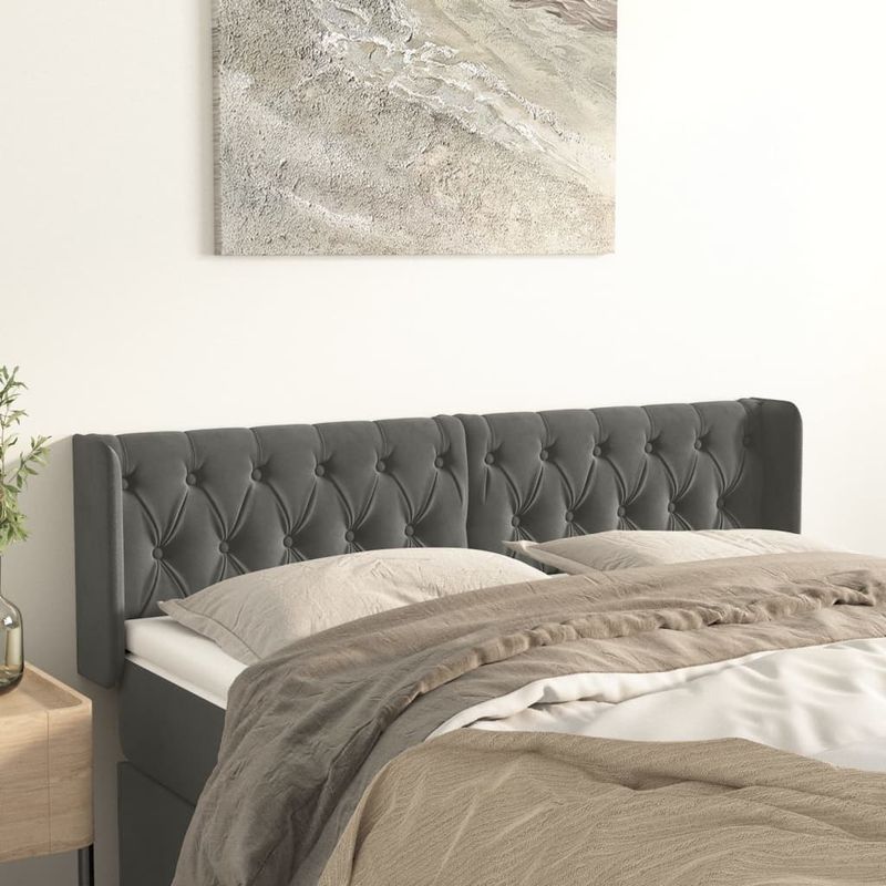 Casa si Gradina - Mobilier - Paturi si accesorii - Accesorii paturi - Tablie de pat cu aripioare gri inchis 163x16x78/88 cm catifea - Infinity.ro
