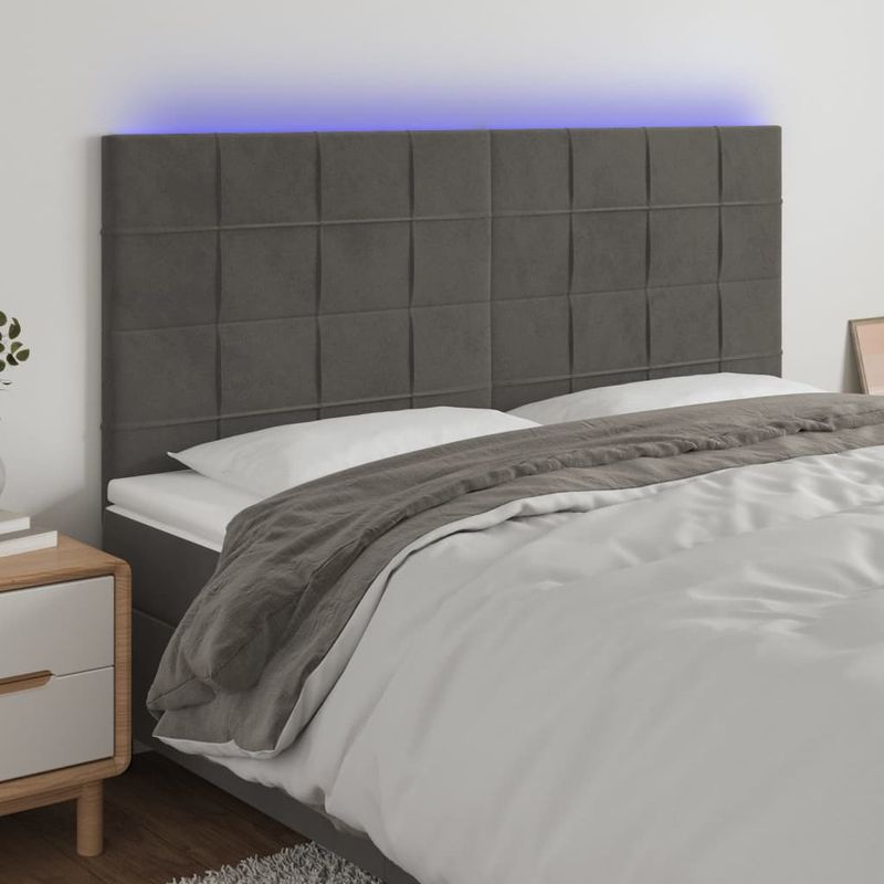 Casa si Gradina - Mobilier - Paturi si accesorii - Accesorii paturi - Tablie de pat cu LED, gri inchis, 160x5x118/128 cm, catifea - Infinity.ro