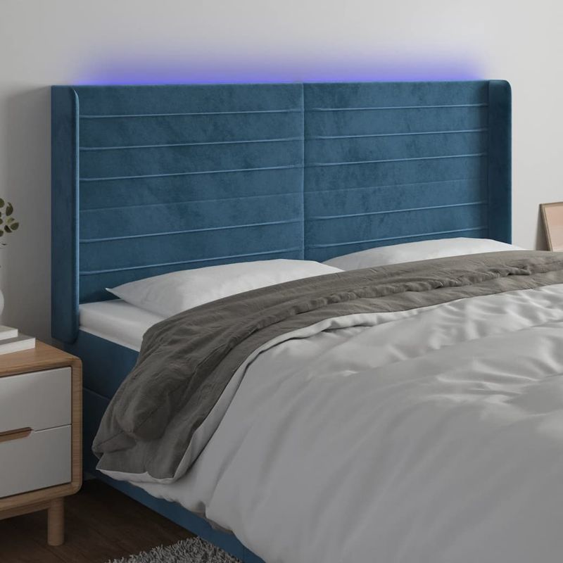 Casa si Gradina - Mobilier - Paturi si accesorii - Accesorii paturi - Tablie de pat cu LED, albastru inchis, 163x16x118/128cm catifea - Infinity.ro