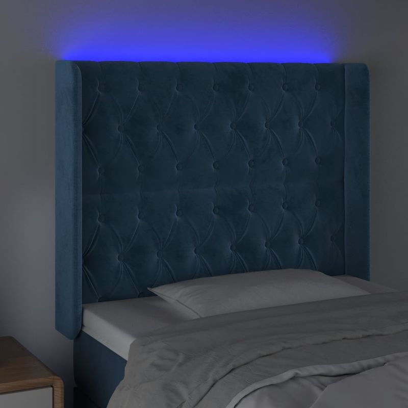 Casa si Gradina - Mobilier - Paturi si accesorii - Accesorii paturi - Tablie de pat cu LED, albastru inchis, 103x16x118/128cm catifea - Infinity.ro