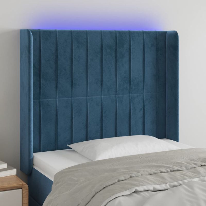 Casa si Gradina - Mobilier - Paturi si accesorii - Accesorii paturi - Tablie de pat cu LED, albastru inchis, 83x16x118/128cm, catifea - Infinity.ro