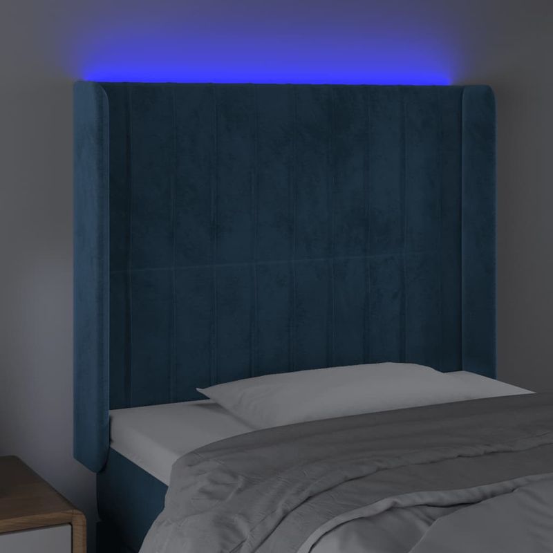Casa si Gradina - Mobilier - Paturi si accesorii - Accesorii paturi - Tablie de pat cu LED, albastru inchis, 83x16x118/128cm, catifea - Infinity.ro
