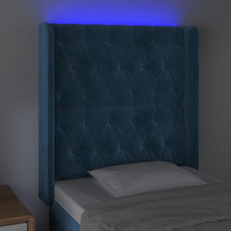 Casa si Gradina - Mobilier - Paturi si accesorii - Accesorii paturi - Tablie de pat cu LED, albastru inchis, 83x16x118/128cm, catifea - Infinity.ro