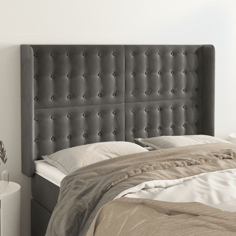 Casa si Gradina - Mobilier - Paturi si accesorii - Accesorii paturi - Tablie de pat cu aripioare gri inchis 147x16x118/128 cm catifea - Infinity.ro