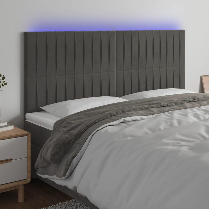 Casa si Gradina - Mobilier - Paturi si accesorii - Accesorii paturi - Tablie de pat cu LED, gri inchis, 160x5x118/128 cm, catifea - Infinity.ro