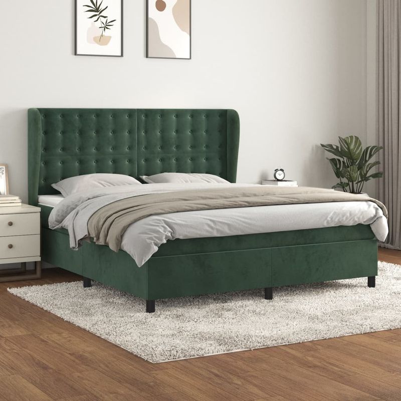 Casa si Gradina - Mobilier - Paturi si accesorii - Paturi - Pat box spring cu saltea, verde inchis, 160x200 cm, catifea - Infinity.ro