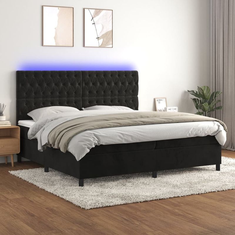 Casa si Gradina - Mobilier - Paturi si accesorii - Paturi - Pat cu arcuri, saltea si LED, negru, 200x200 cm, catifea - Infinity.ro