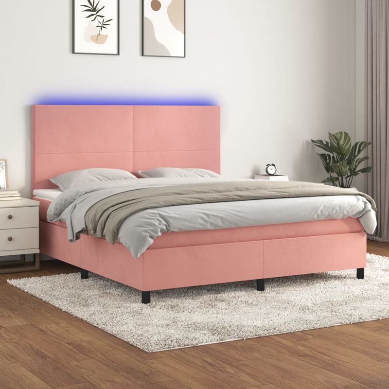 Casa si Gradina - Mobilier - Paturi si accesorii - Paturi - Pat continental cu saltea & LED, roz, 120x200 cm, catifea - Infinity.ro