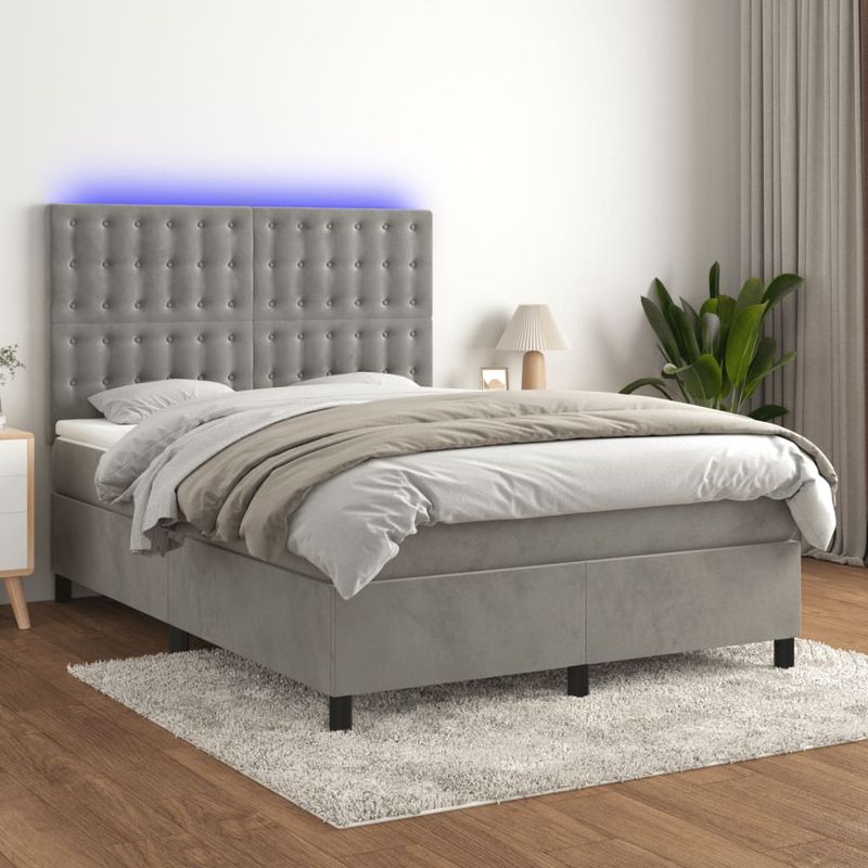 Casa si Gradina - Mobilier - Paturi si accesorii - Paturi - Pat cu arcuri, saltea si LED, gri deschis, 140x200 cm, catifea - Infinity.ro