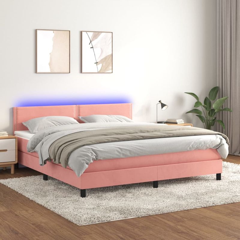 Casa si Gradina - Mobilier - Paturi si accesorii - Paturi - Pat continental cu saltea și LED, roz, 180x200 cm, catifea, model unică și cuie de tapițerie - Infinity.ro