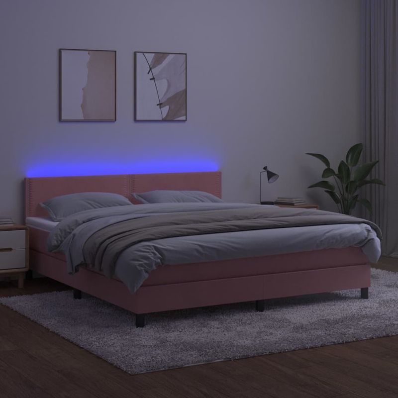 Casa si Gradina - Mobilier - Paturi si accesorii - Paturi - Pat continental cu saltea și LED, roz, 180x200 cm, catifea, model unică și cuie de tapițerie - Infinity.ro