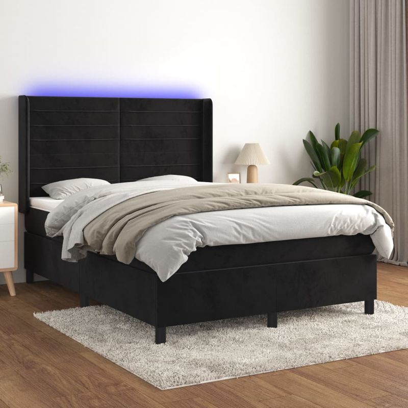 Casa si Gradina - Mobilier - Paturi si accesorii - Paturi - Pat cu arcuri, saltea si LED, negru, 140x190 cm, catifea - Infinity.ro