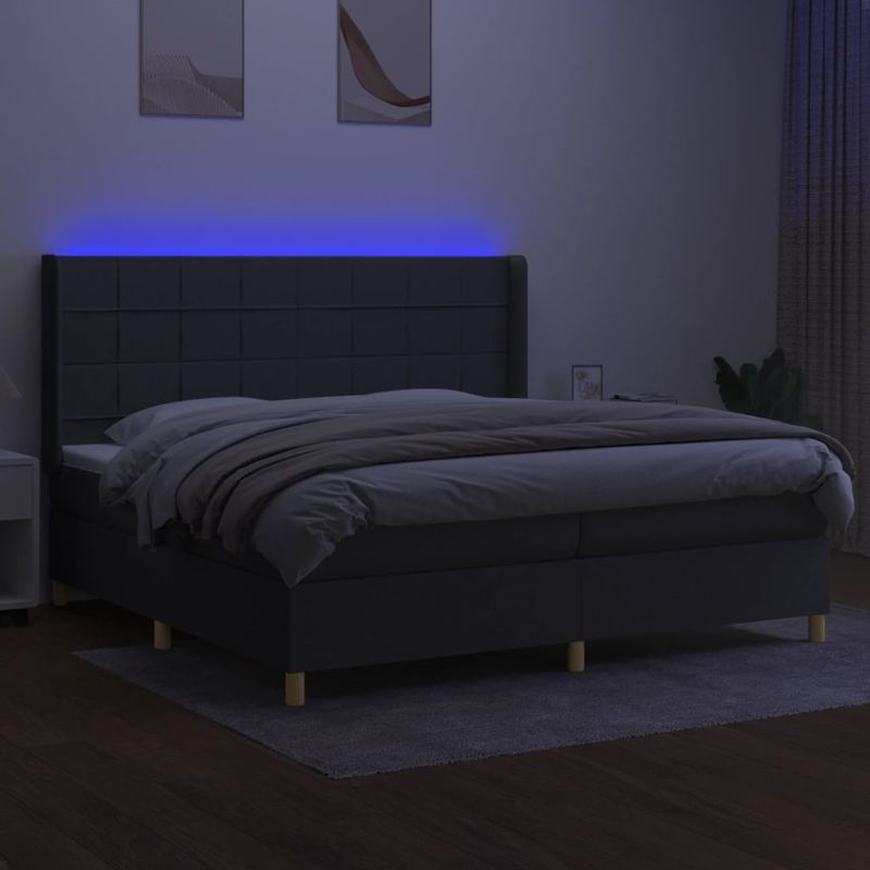 Casa si Gradina - Mobilier - Paturi si accesorii - Paturi - Pat cu arcuri, saltea si LED, gri inchis, 200x200 cm, textil - Infinity.ro