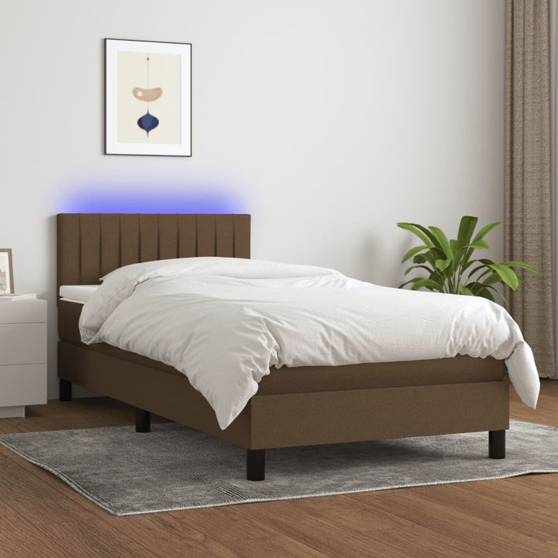 Casa si Gradina - Mobilier - Paturi si accesorii - Paturi - Pat cu arcuri, saltea si LED, maro inchis, 90x190 cm, textil - Infinity.ro