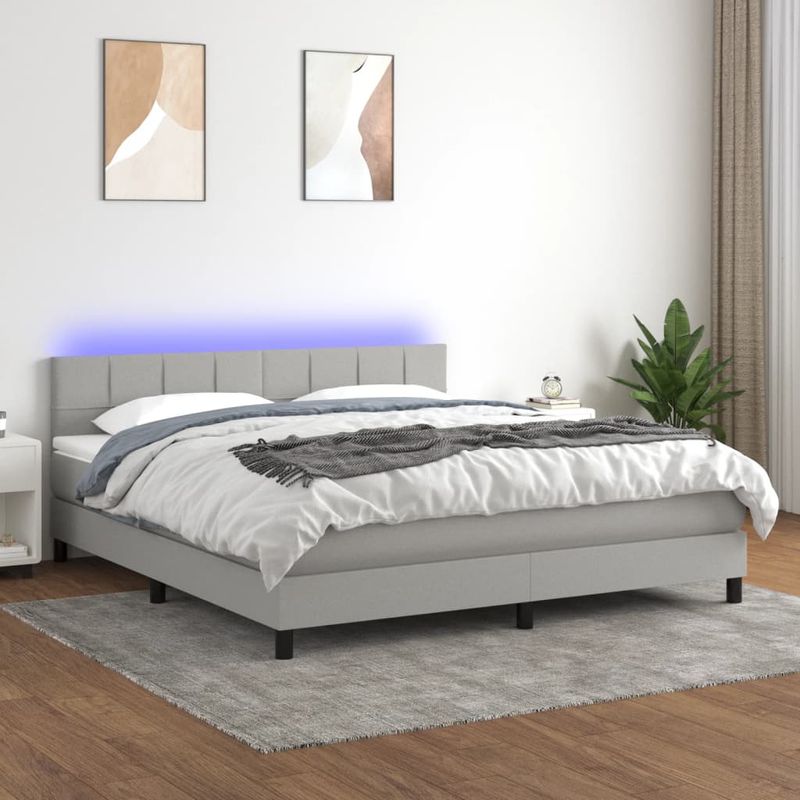 Casa si Gradina - Mobilier - Paturi si accesorii - Paturi - Pat cu arcuri, saltea si LED, gri deschis, 180x200 cm, textil - Infinity.ro