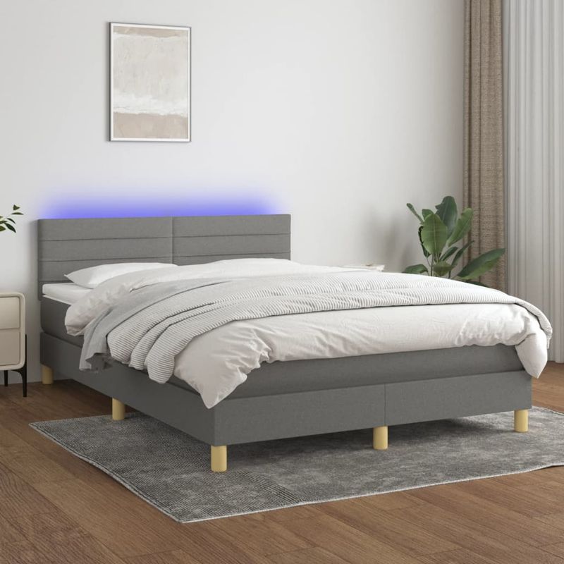 Casa si Gradina - Mobilier - Paturi si accesorii - Paturi - Pat cu arcuri, saltea si LED, gri inchis, 140x200 cm, textil - Infinity.ro