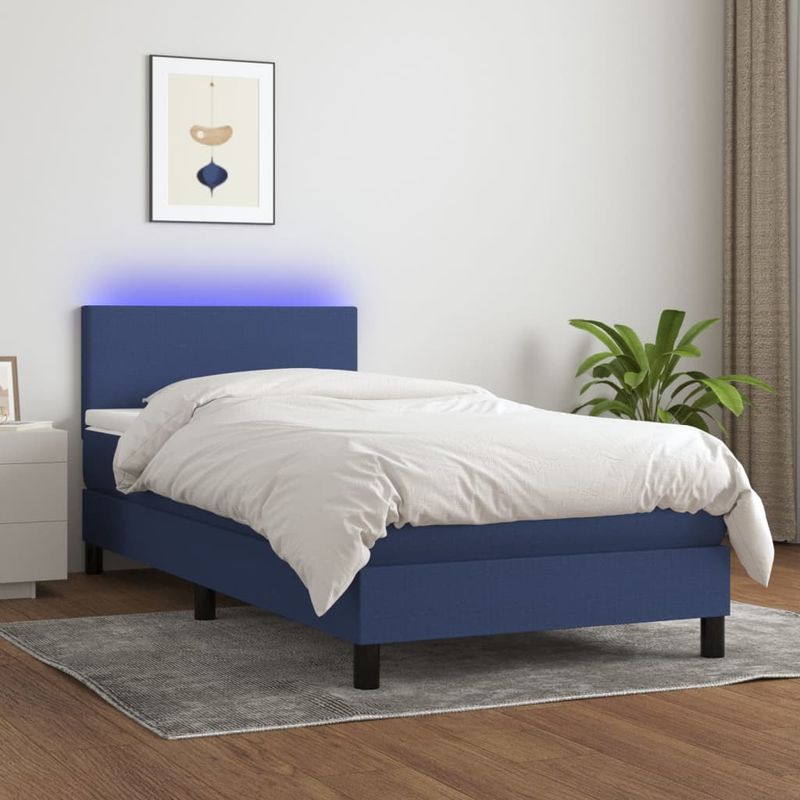 Casa si Gradina - Mobilier - Paturi si accesorii - Paturi - Pat cu arcuri, saltea si LED, albastru, 90x190 cm, textil - Infinity.ro