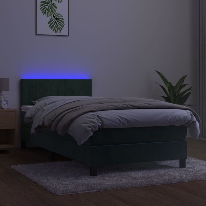 Casa si Gradina - Mobilier - Paturi si accesorii - Paturi - Pat cu arcuri, saltea si LED, verde inchis, 90x190 cm, catifea - Infinity.ro