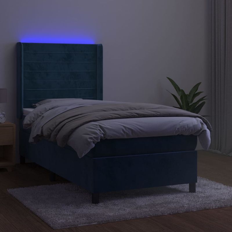 Casa si Gradina - Mobilier - Paturi si accesorii - Paturi - Pat cu arcuri, saltea si LED, bleumarin, 90x190 cm, catifea - Infinity.ro