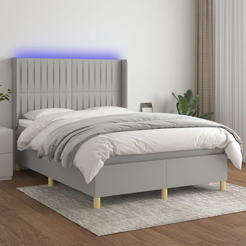 Casa si Gradina - Mobilier - Paturi si accesorii - Paturi - Pat cu arcuri, saltea si LED, gri deschis, 140x190 cm, textil - Infinity.ro