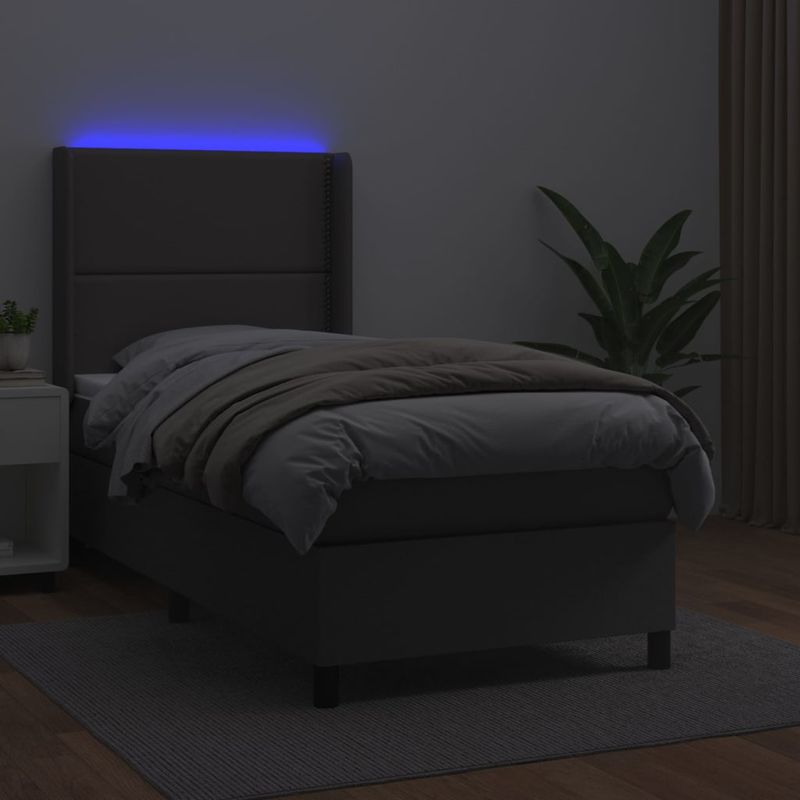 Casa si Gradina - Mobilier - Paturi si accesorii - Paturi - Pat cu arcuri, cu saltea si LED, gri, 90x200 cm, piele eco - Infinity.ro