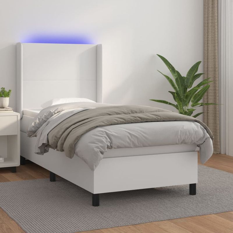 Casa si Gradina - Mobilier - Paturi si accesorii - Paturi - Pat continental cu saltea & LED, alb, 90x200 cm, piele eco - Infinity.ro