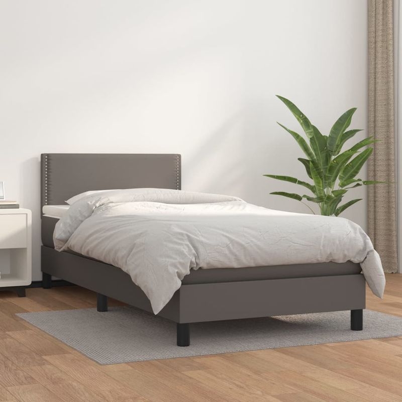 Casa si Gradina - Mobilier - Paturi si accesorii - Paturi - Pat box spring cu saltea, gri, 80x200 cm, piele ecologica - Infinity.ro