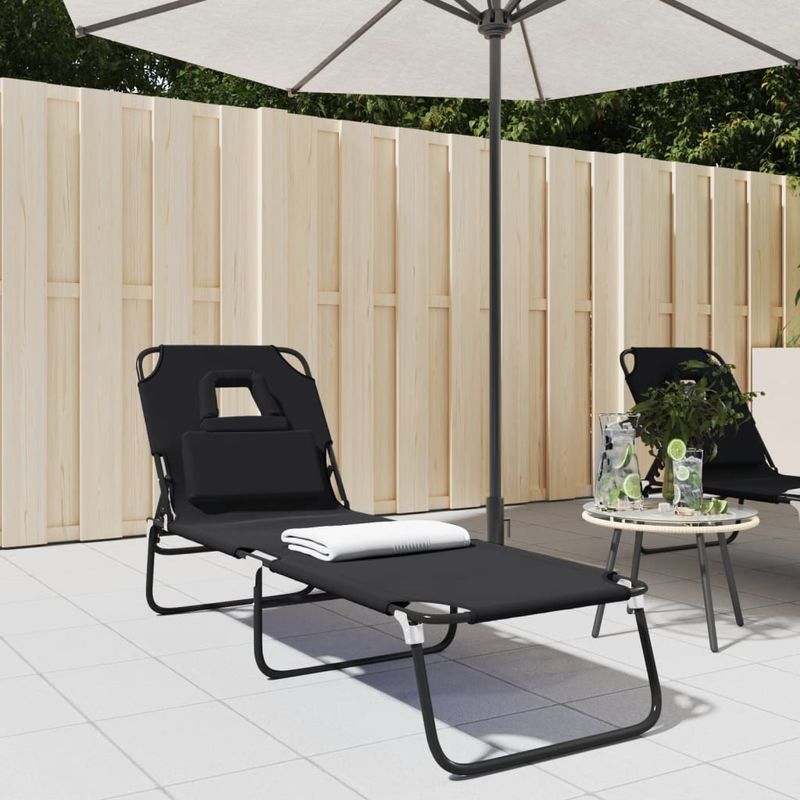 Casa si Gradina - Gradina si terasa - Mobilier exterior - Scaune si sezlonguri gradina - Sezlong pliabil negru tesatura Oxford&otel vopsit electrostatic - Infinity.ro