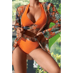 Fashion, accesorii si bijuterii - Femei - Lenjerie si pijamale femei - Costume de baie femei - Costum de baie dama, Ava-Stars ®, Sutien bustiera si slip talie inalta, Camasa vaporoasa, 3 piese, L, Portocaliu Floral - Infinity.ro