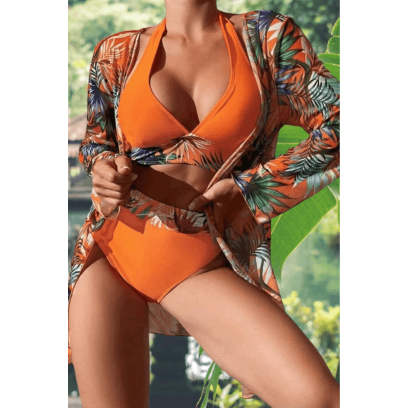 Fashion, accesorii si bijuterii - Femei - Lenjerie si pijamale femei - Costume de baie femei - Costum de baie dama, Ava-Stars ®, Sutien bustiera si slip talie inalta, Camasa vaporoasa, 3 piese, L, Portocaliu Floral - Infinity.ro