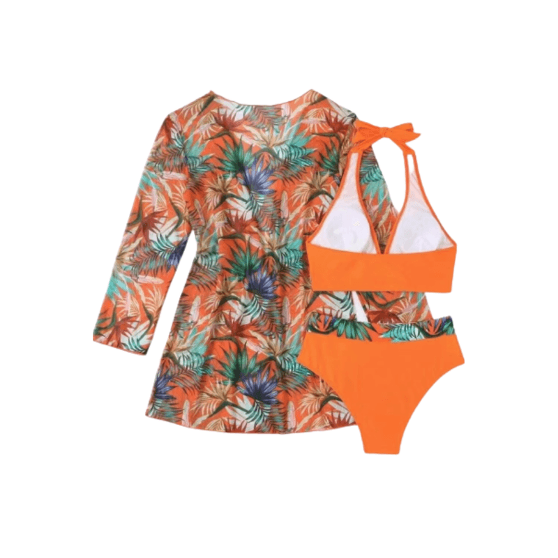 Fashion, accesorii si bijuterii - Femei - Lenjerie si pijamale femei - Costume de baie femei - Costum de baie dama, Ava-Stars ®, Sutien bustiera si slip talie inalta, Camasa vaporoasa, 3 piese, L, Portocaliu Floral - Infinity.ro