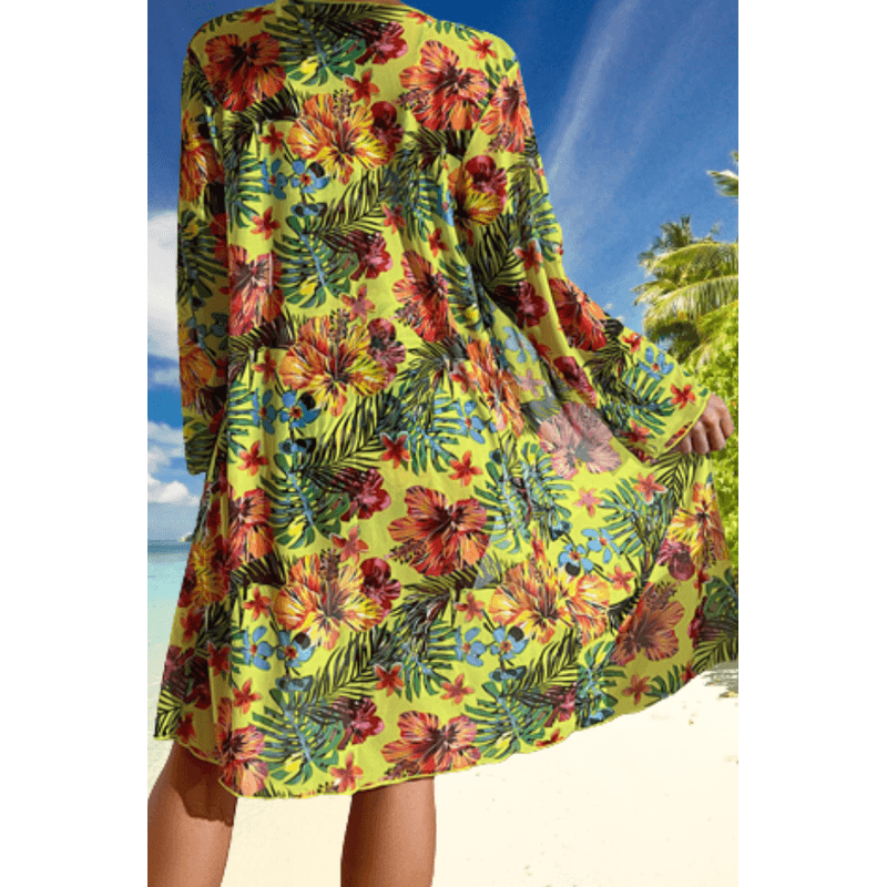 Fashion, accesorii si bijuterii - Femei - Lenjerie si pijamale femei - Costume de baie femei - Costum de baie dama, Ava-Stars ®, Sutien tip bustiera si slip talie inalta, Camasa vaporoasa, 3 piese, M, Galben Floral - Infinity.ro